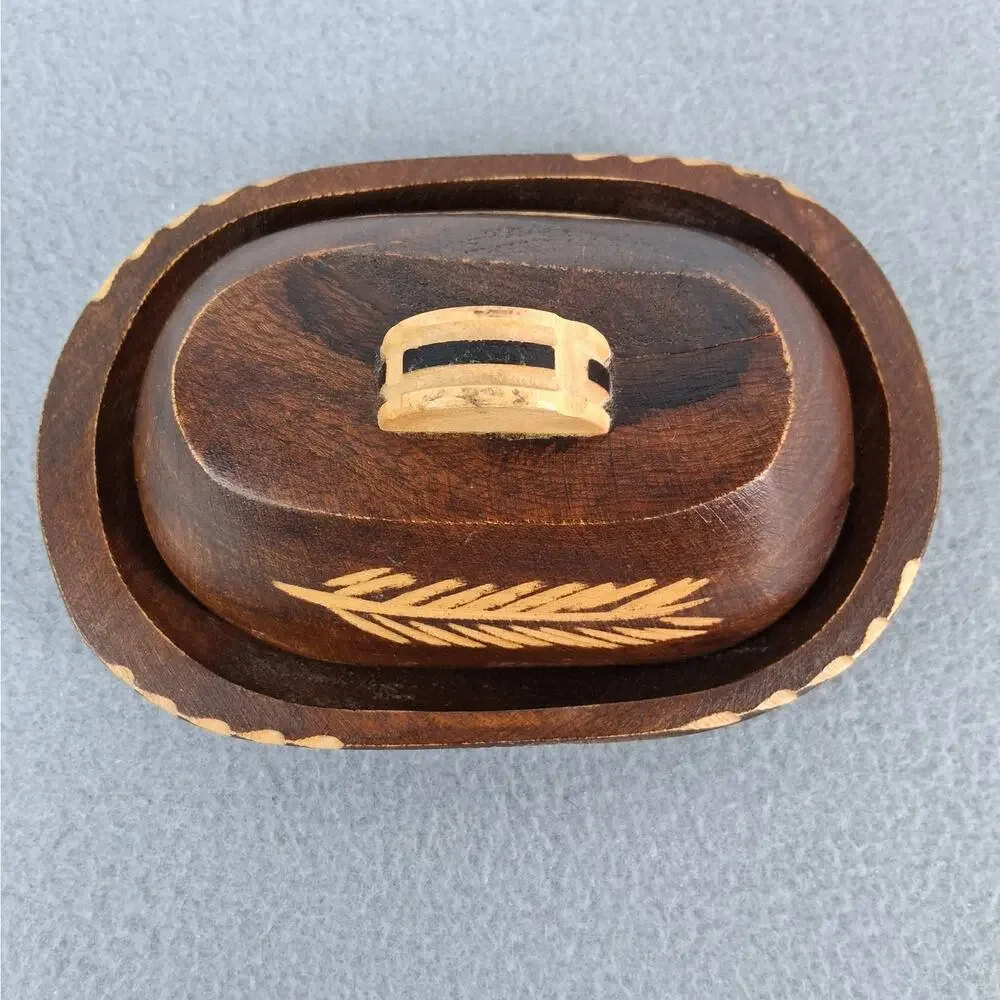 Dark Brown Oval Wooden Trinket Tray with Lid Wheat Carved on Lid